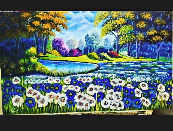 Quadros Pintura Tela Paisagem Campo Florido Relva Perfumada