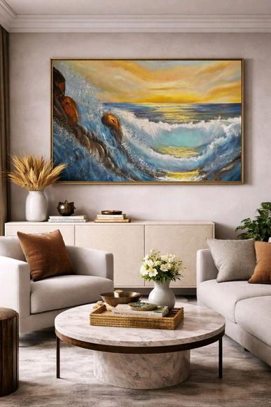 Quadros Pintura Tela Paisagem Marina Por do Sol Rebentação