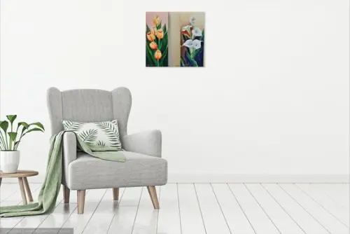 Kit Quadros Pintura em Tela Floral Tulipas Copos de Leite