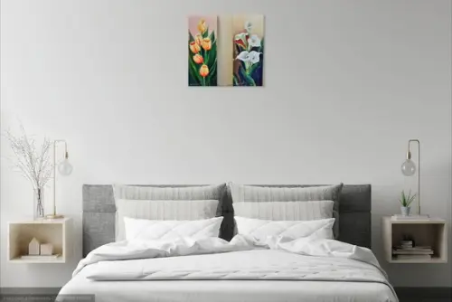 Kit Quadros Pintura em Tela Floral Tulipas Copos de Leite