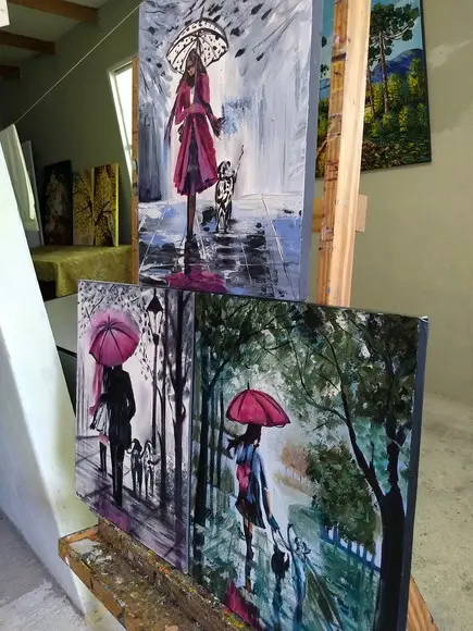 Kit Quadros Pintura em Tela Mulher com Pets Dogs Cães