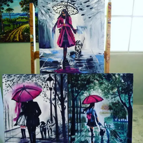 Kit Quadros Pintura em Tela Mulher com Pets Dogs Cães
