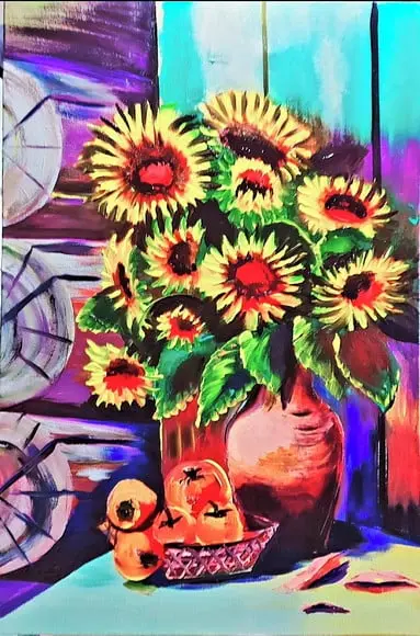 Quadro Decorativo Floral Girassol no Vaso Presente de Natal