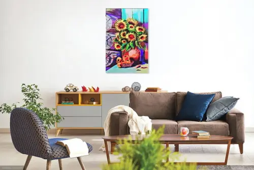 Quadro Decorativo Floral Girassol no Vaso Presente de Natal