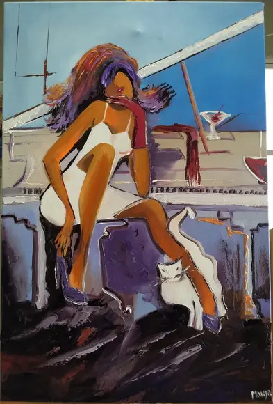 Quadro Decorativo Mulher Gato Branco Vinho Presente de Natal