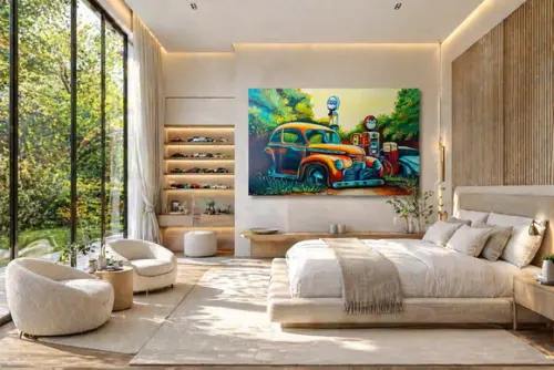 Quadro Decorativo Paisagem Carro Antigo Presente de Natal