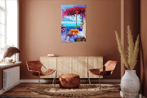 Quadro Decorativo Paisagem Mar Buganvillea Presente de Natal