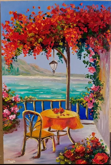 Quadro Decorativo Paisagem Mar Buganvillea Presente de Natal