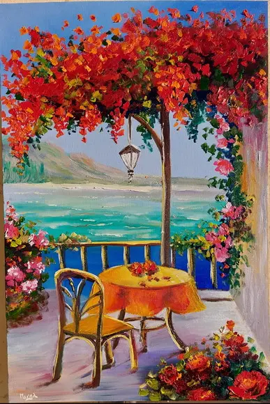 Quadro Decorativo Paisagem Mar Buganvillea Presente de Natal