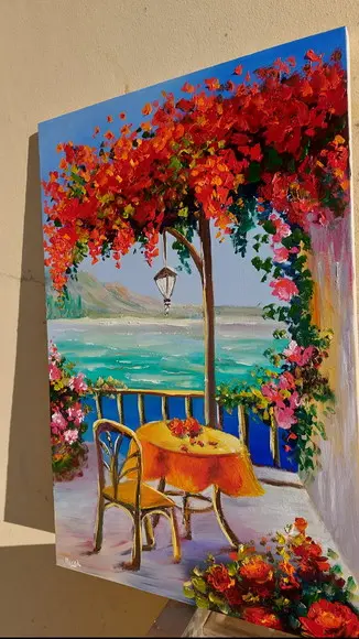 Quadro Decorativo Paisagem Mar Buganvillea Presente de Natal