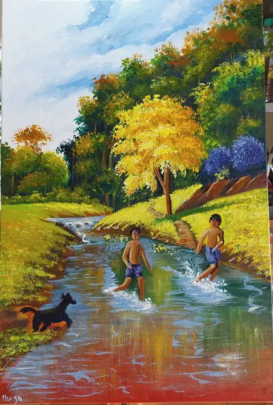Quadro Decorativo Paisagem Meninos no Rio Presente de Natal