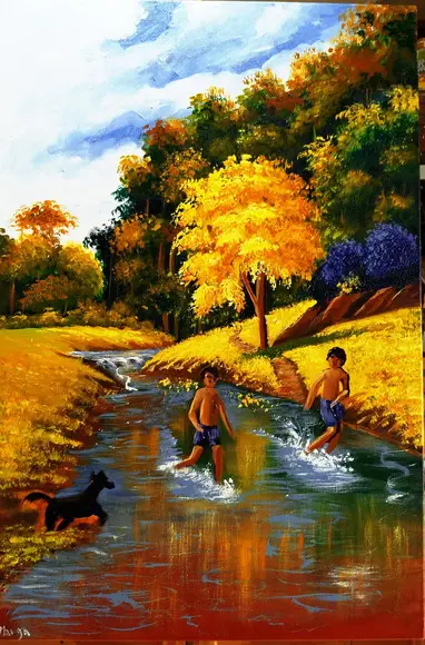 Quadro Decorativo Paisagem Meninos no Rio Presente de Natal