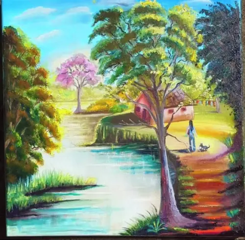Quadro Decorativo Paisagem Rio Mulher Dog Presente de Natal