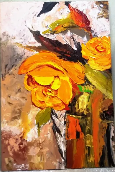 Quadro Decorativo para Sala Pintura Tela Floral Rosa Amarela