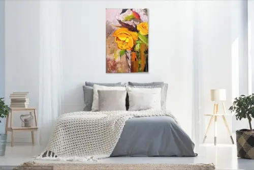 Quadro Decorativo para Sala Pintura Tela Floral Rosa Amarela