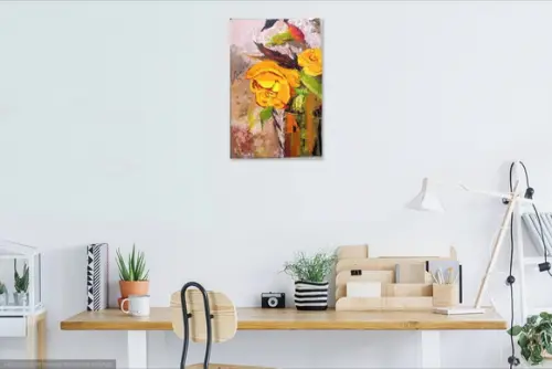 Quadro Decorativo para Sala Pintura Tela Floral Rosa Amarela