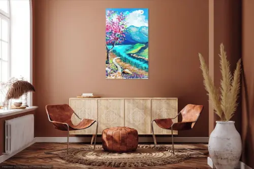Quadro Decorativo para Sala Pintura Tela Paisagem Ipê Rosa