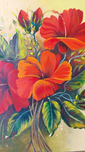 Quadro Decorativo Pintura em Tela Floral Hibiscus Vermelhos