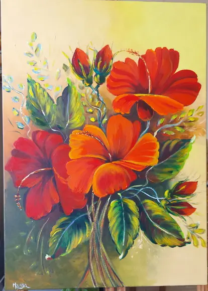 Quadro Decorativo Pintura em Tela Floral Hibiscus Vermelhos