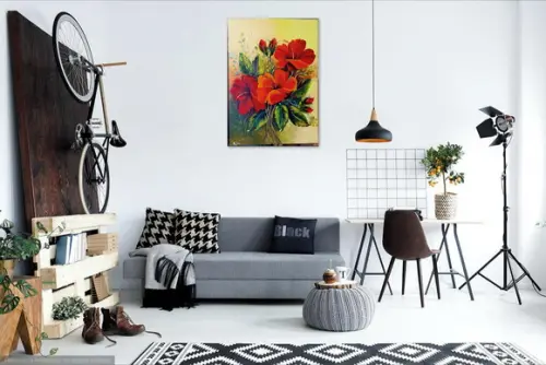 Quadro Decorativo Pintura em Tela Floral Hibiscus Vermelhos