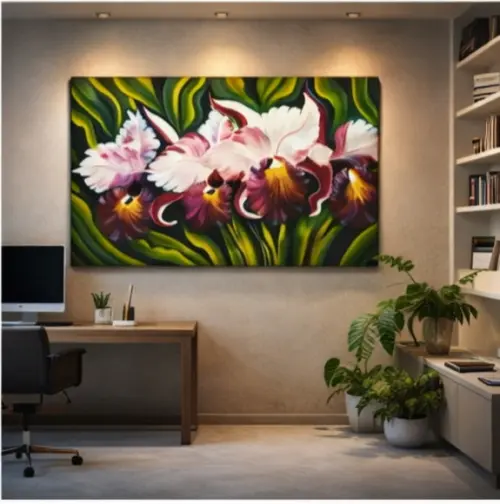 Quadro Decorativo Pintura Orquídeas Bordô Presente de Natal