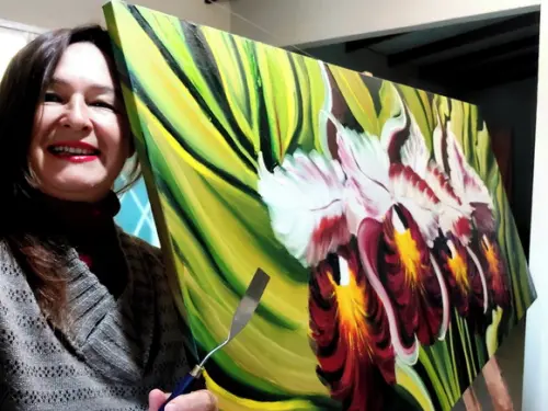 Quadro Decorativo Pintura Orquídeas Bordô Presente de Natal