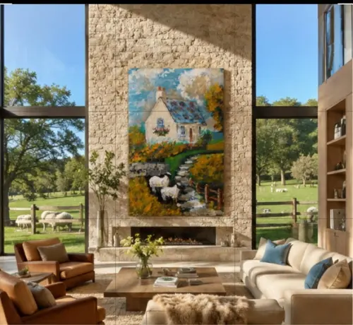 Quadro Decorativo Pintura Paisagem Suíça Animais Ovelhas