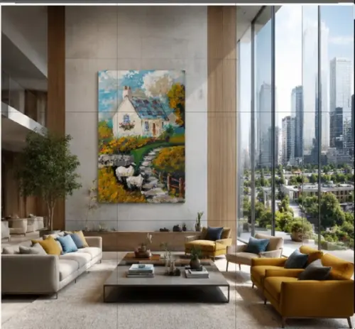 Quadro Decorativo Pintura Paisagem Suíça Animais Ovelhas