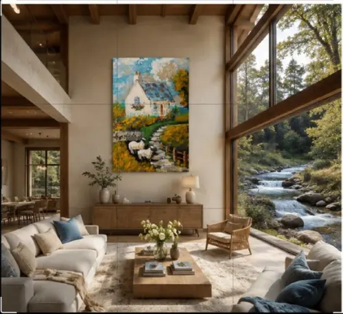 Quadro Decorativo Pintura Paisagem Suíça Animais Ovelhas