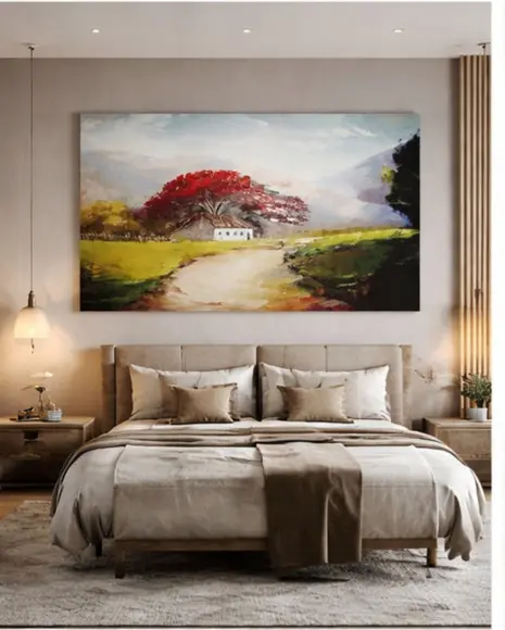 Quadro Decorativo Pintura Tela Paisagem Caminho Flamboyant