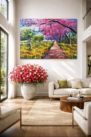 Quadro Decorativo Pintura Tela Paisagem Campo de Cerejeiras
