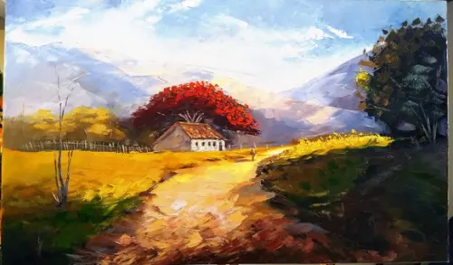 Quadro Decorativo Pintura Tela Paisagem Caminho Flamboyant