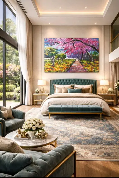 Quadro Decorativo Pintura Tela Paisagem Campo de Cerejeiras