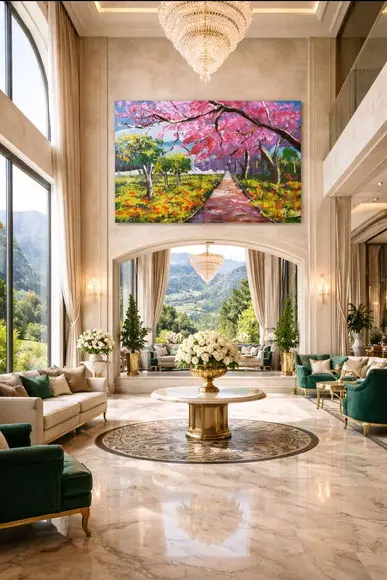 Quadro Decorativo Pintura Tela Paisagem Campo de Cerejeiras