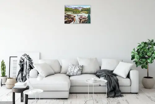 Quadro Decorativo Pintura Tela Paisagem Pinheiros Cachoeira