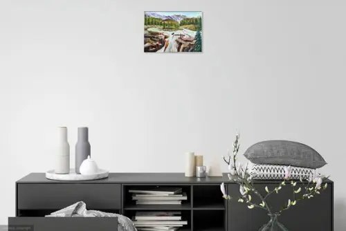 Quadro Decorativo Pintura Tela Paisagem Pinheiros Cachoeira