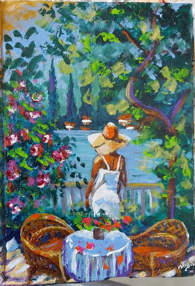 Quadro Decorativo Pintura Tela Varanda Mulher Casa de Praia