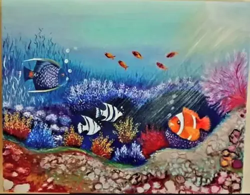 Quadro Grande para Sala Pintura em Tela Peixes Fundo do Mar