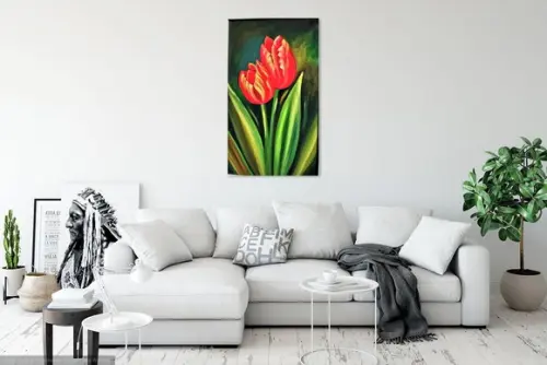 Quadro Grande para Sala Pintura Tela Floral Tulipas Vermelha