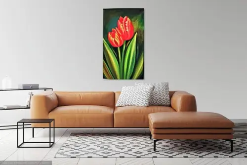 Quadro Grande para Sala Pintura Tela Floral Tulipas Vermelha