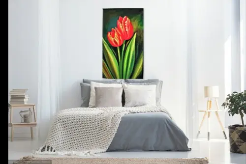 Quadro Grande para Sala Pintura Tela Floral Tulipas Vermelha