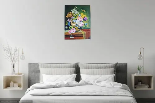 Quadro Grande para Sala Pintura Tela Vintage Rosas no Vaso