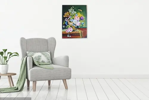 Quadro Grande para Sala Pintura Tela Vintage Rosas no Vaso