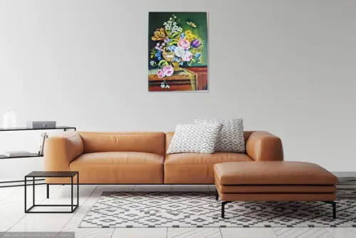 Quadro Grande para Sala Pintura Tela Vintage Rosas no Vaso