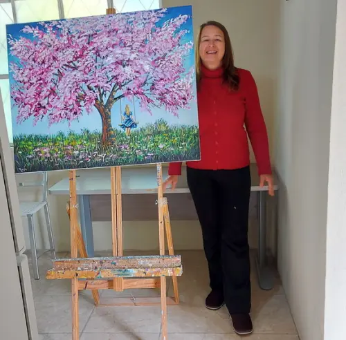 Quadro Ipê Rosa Menina no Balanço Presente de Natal
