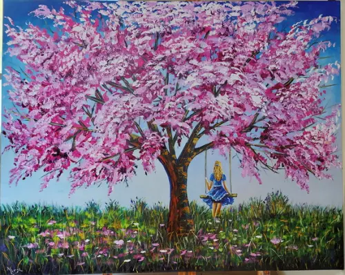Quadro Ipê Rosa Menina no Balanço Presente de Natal