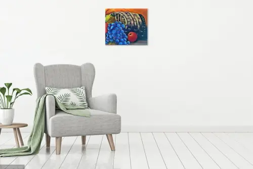 Quadro Natureza Morta Frutas na Cesta Uvas Presente de Natal
