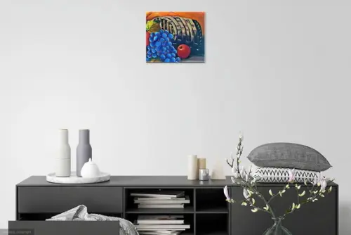 Quadro Natureza Morta Frutas na Cesta Uvas Presente de Natal