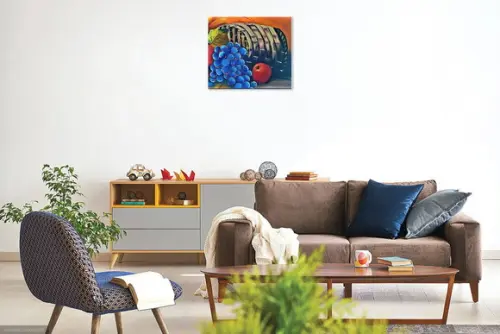 Quadro Natureza Morta Frutas na Cesta Uvas Presente de Natal