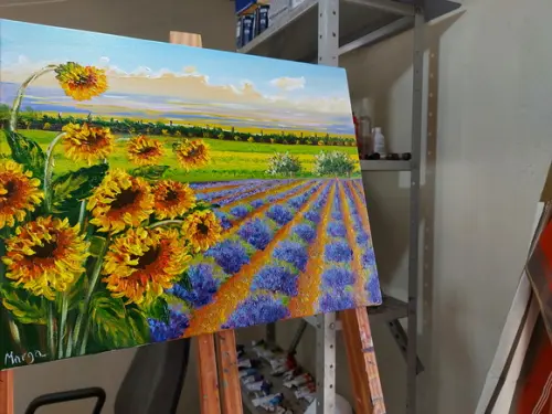 Quadro Paisagem Campo Girassóis e Lavanda Presente de Natal